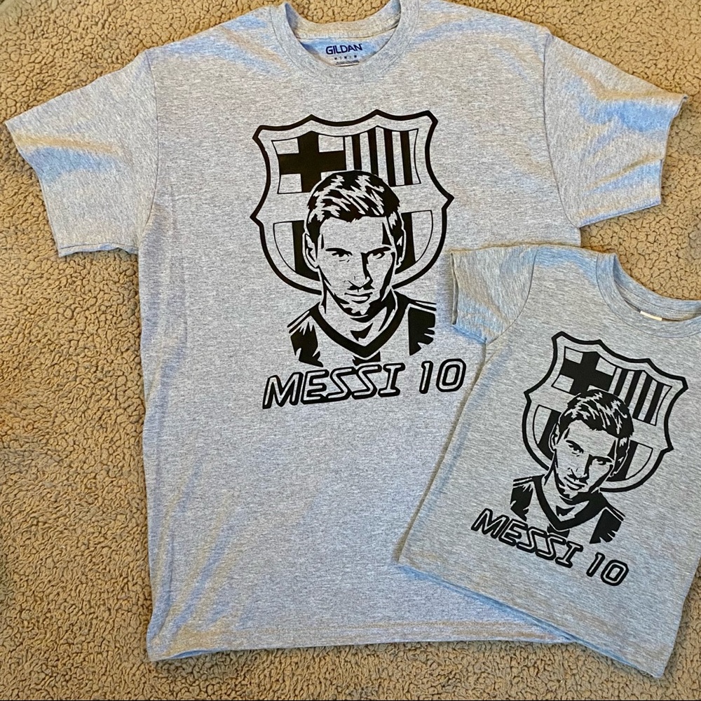 Daddy and baby matching Lionel Messi shirts